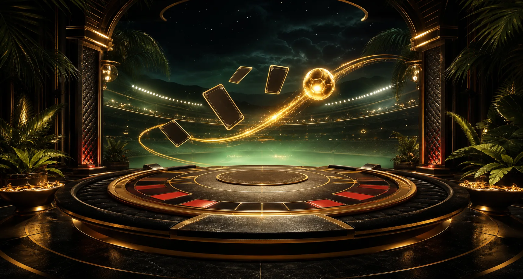 Ruhige schwarz-goldene Arena als Symbol für bewusste Kontrolle